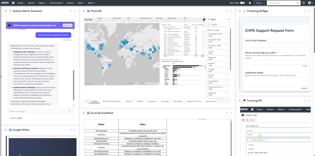 ICIMS dashboard example showing PowerBI integration, req map, and support ticketing in an ICIMS instance