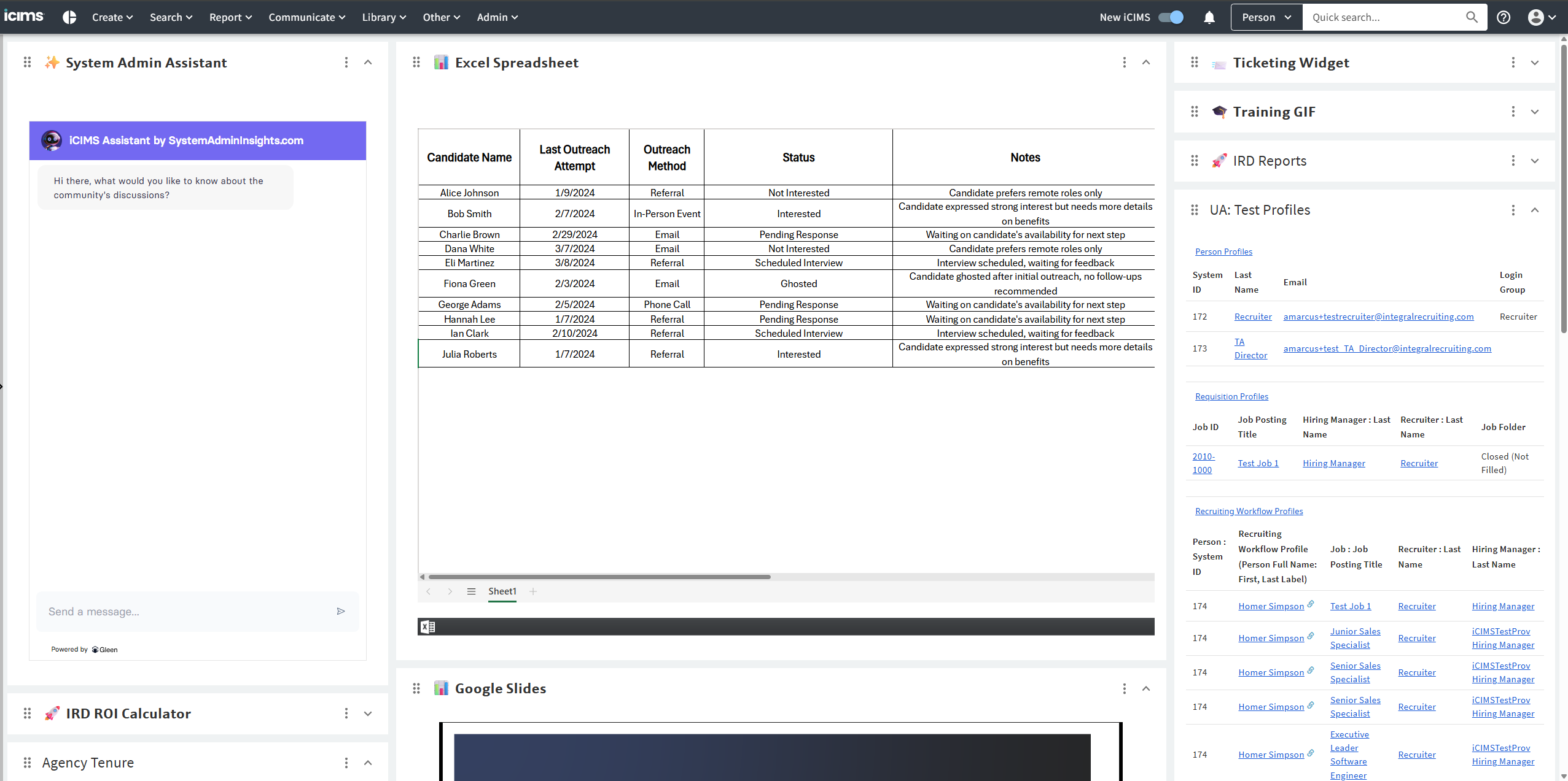 Excel spreadsheet embedded in ICIMS dashboard